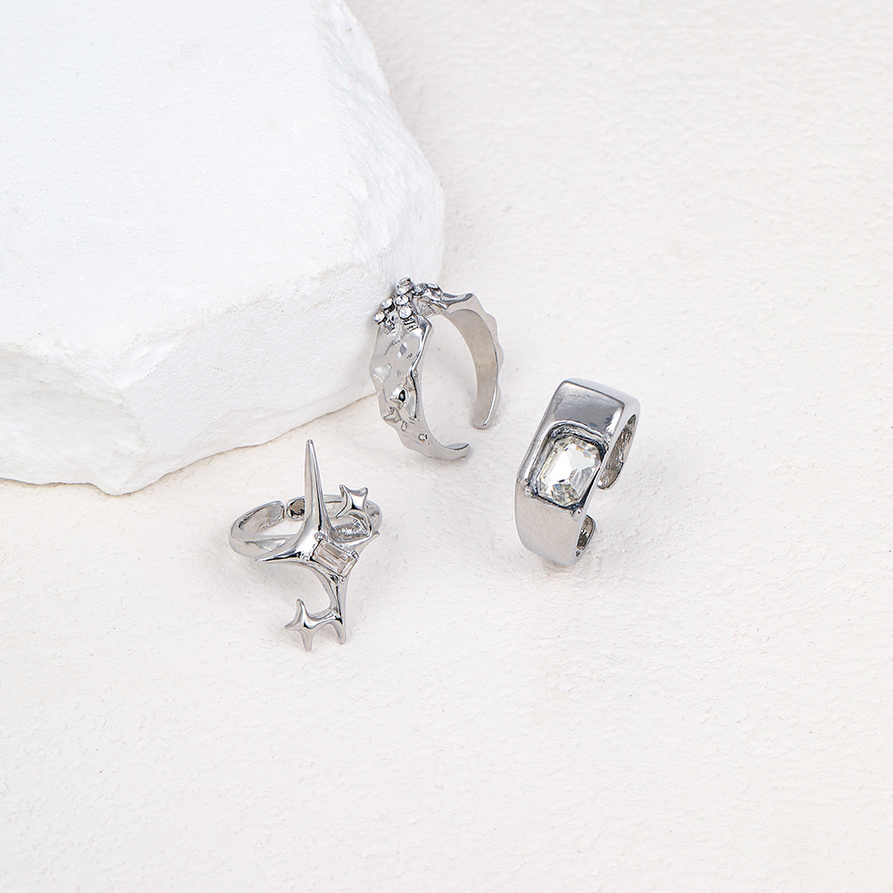 Cross-border Hot-selling Cool Style Star Mount Inlaid Zircon Opening Ring Three-piece Set Women's Personality Light Luxury Elegant Jewelry