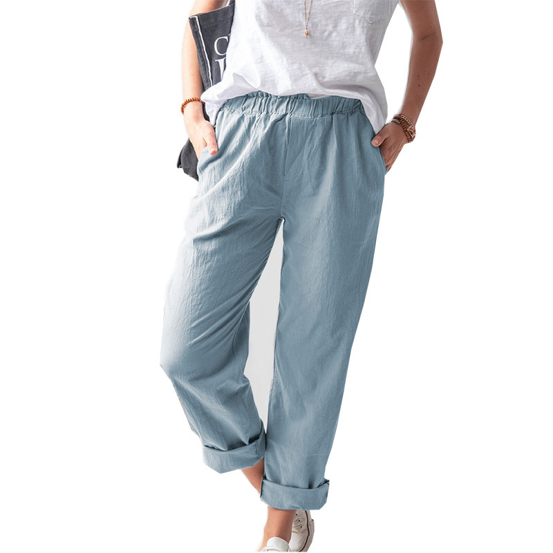 2022 cross-border European and American women's wish Amazon summer new solid color casual elastic high waist straight trousers women