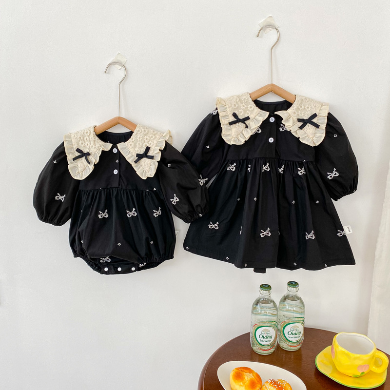 2023 Korean-style Baby Jumpsuit Spring and Autumn New Long-sleeved Triangle Hats Bow Collar Baby Girl Black Climbing Suit