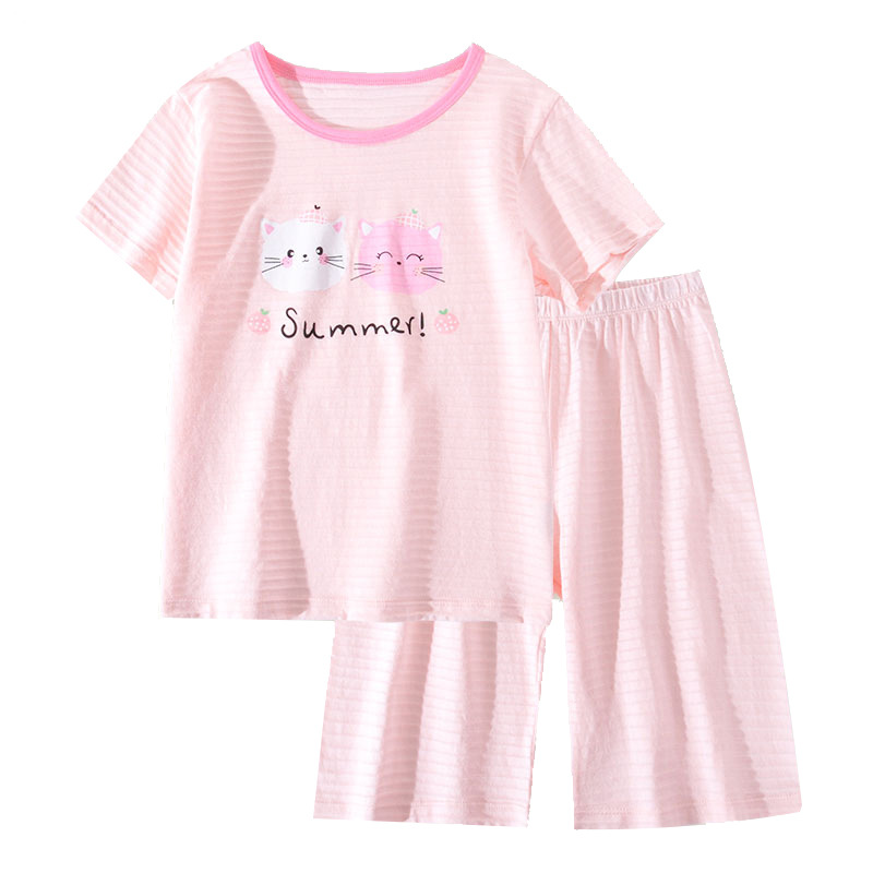 Children's Summer Pure Cotton T-shirt Short-sleeved Shorts Set Girls' Home Clothes Pajamas Set Slub Cotton Parent-child New