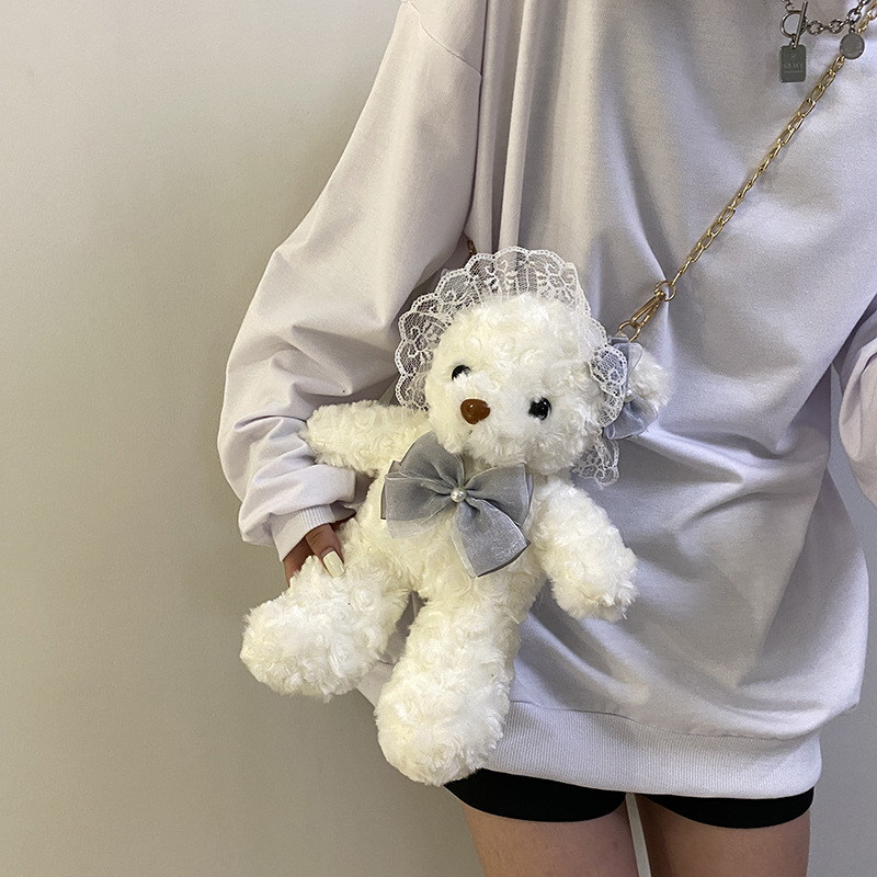 日系Lolita毛絨包女洛麗塔風蕾絲小熊鏈條斜挎包卡通學生JK單肩包