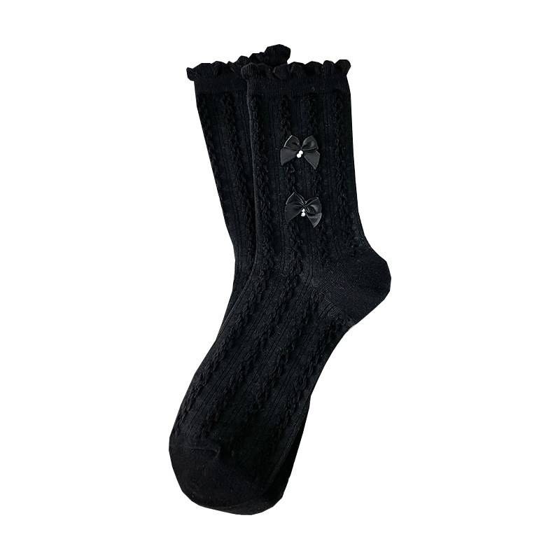 Japanese Versatile Black and White jk Stacks Sweet Girl Style Lace Socks Cute Bow Student Mid-Size Socks