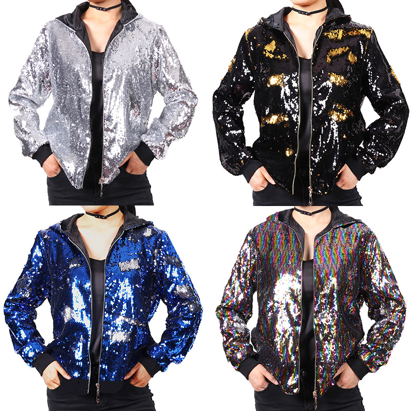 Amazon autumn and winter new women's flip sequined jacket hooded baseball uniform European and American shiny jacket parka suit