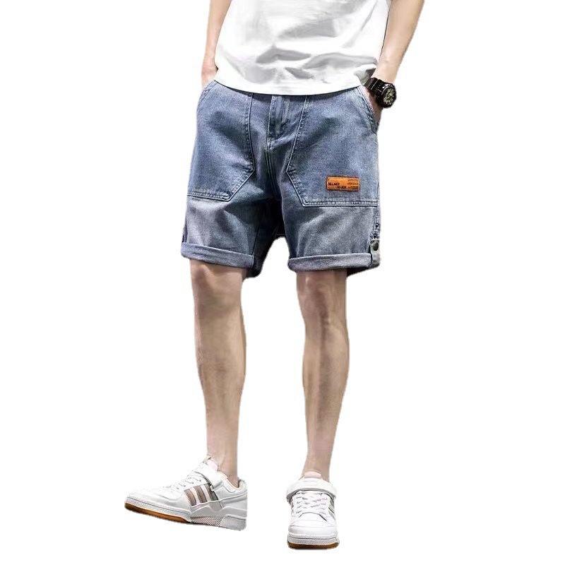 Denim shorts men's trendy loose shorts casual plus size elastic waist ripped Korean style outer wear shorts flow