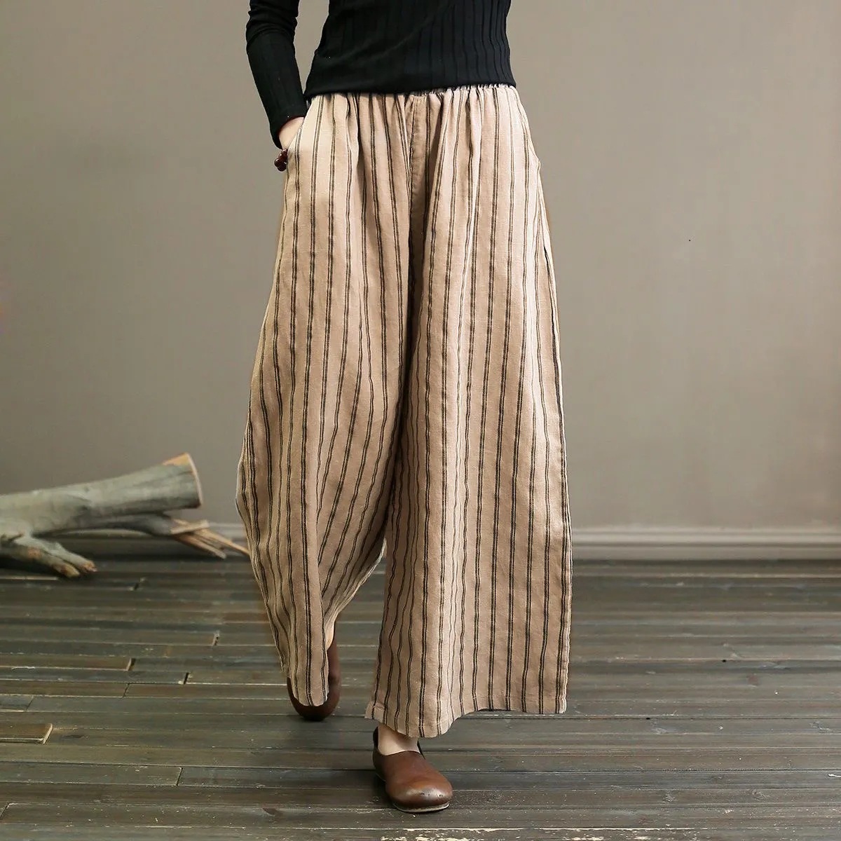 Artistic cotton and linen striped wide-leg pants summer 2023 new women's plus size slimming drape casual straight cropped pants fashion