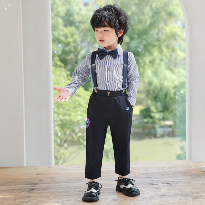 Cross-border suspender pants suit summer boys' suit striped short-sleeved shirt performance children's dress children's foreign trade