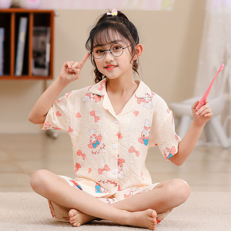 Summer Bubble Crepe Cotton Children's Pajamas Lapel Cardigan Short Sleeve Shorts Cute Sweet Kids Home Clothes