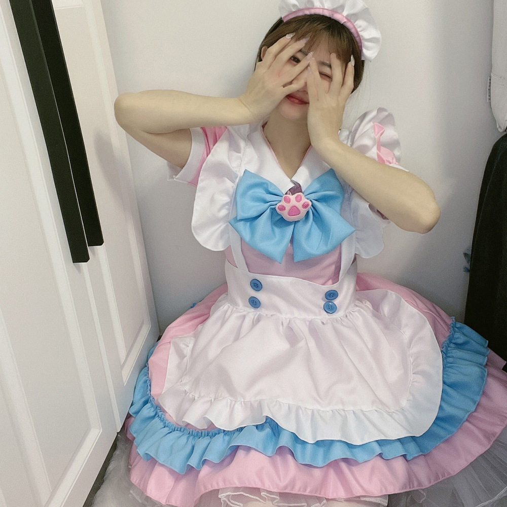 S-5xl plus size maid dress super cute big bow lolita dress Women's Big Pink Blue cute dress