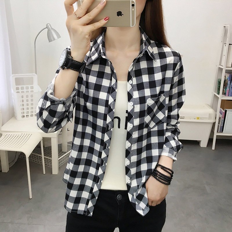 Printed Plaid Shirt Women's Shirt Korean-style Hong Kong-style Base Shirt Top Cardigan Long-sleeved Shirt Fashion Plaid Shirt