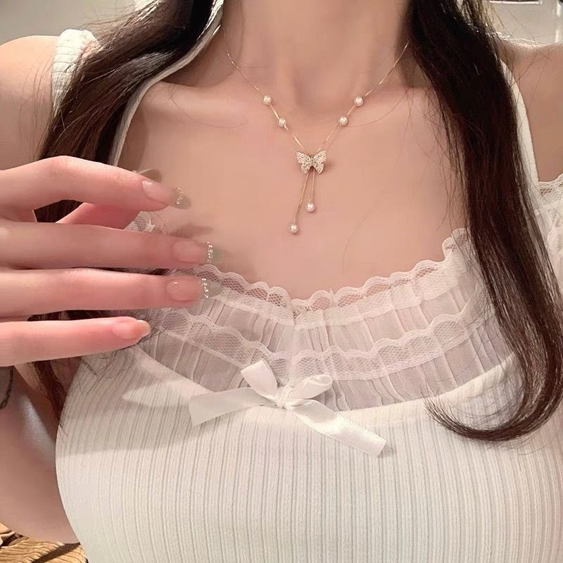 跨境新款創意ins項鍊小眾歐美簡約設計感輕奢蝴蝶珍珠項鍊鎖骨鏈