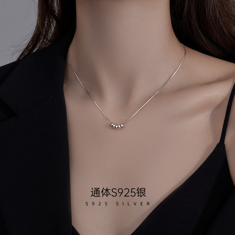 S925銀五福臨門小圓柱項鍊女簡約輕奢小眾設計金豆豆鎖骨鏈新款潮