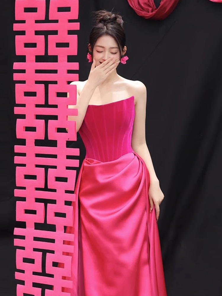 Toast dress bride Rose Red French tube top high-grade wedding party evening dress small trailing morning gown morning gown for winter