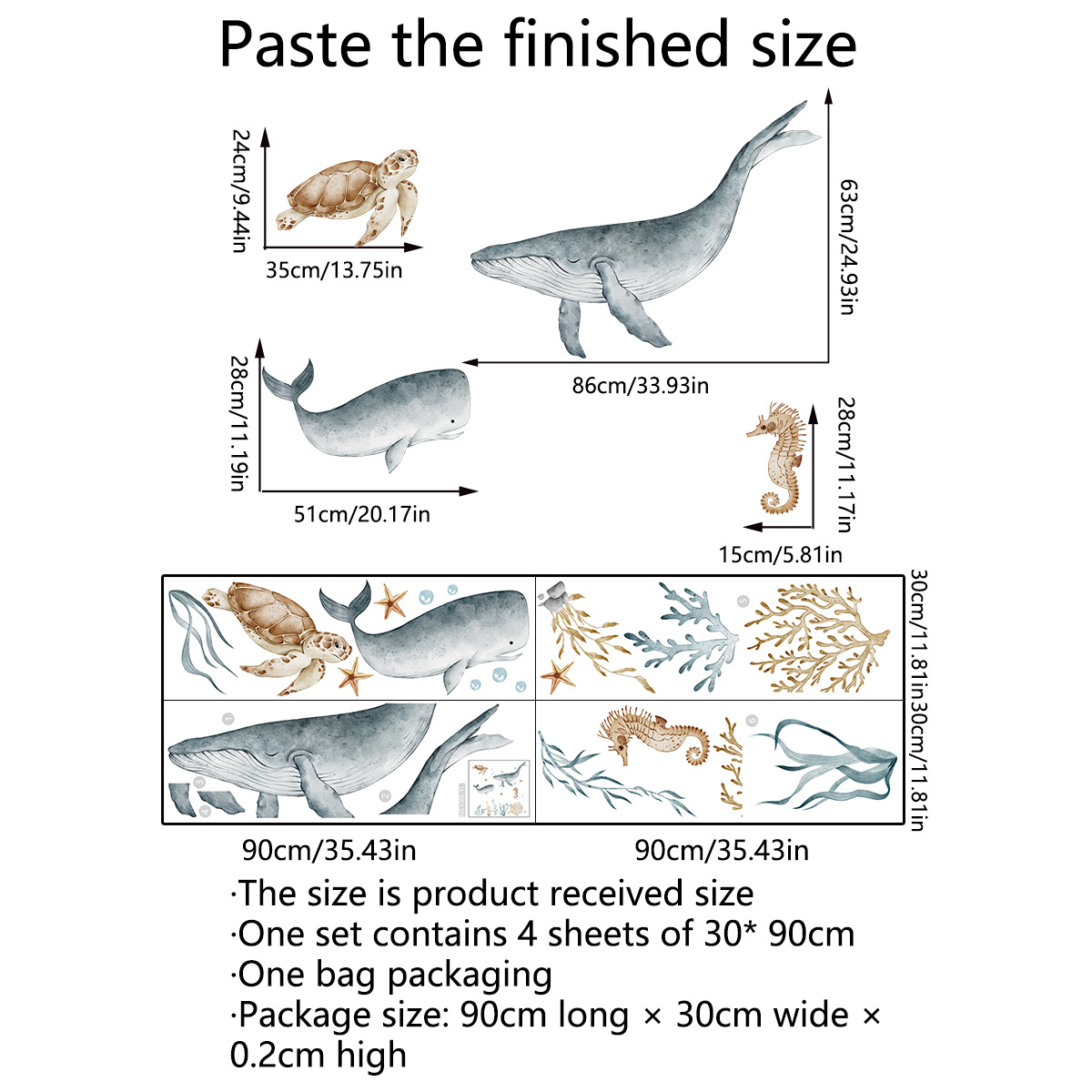 MS3088 large submarine animal whale turtle watercolor style whole wall decorative wall sticker