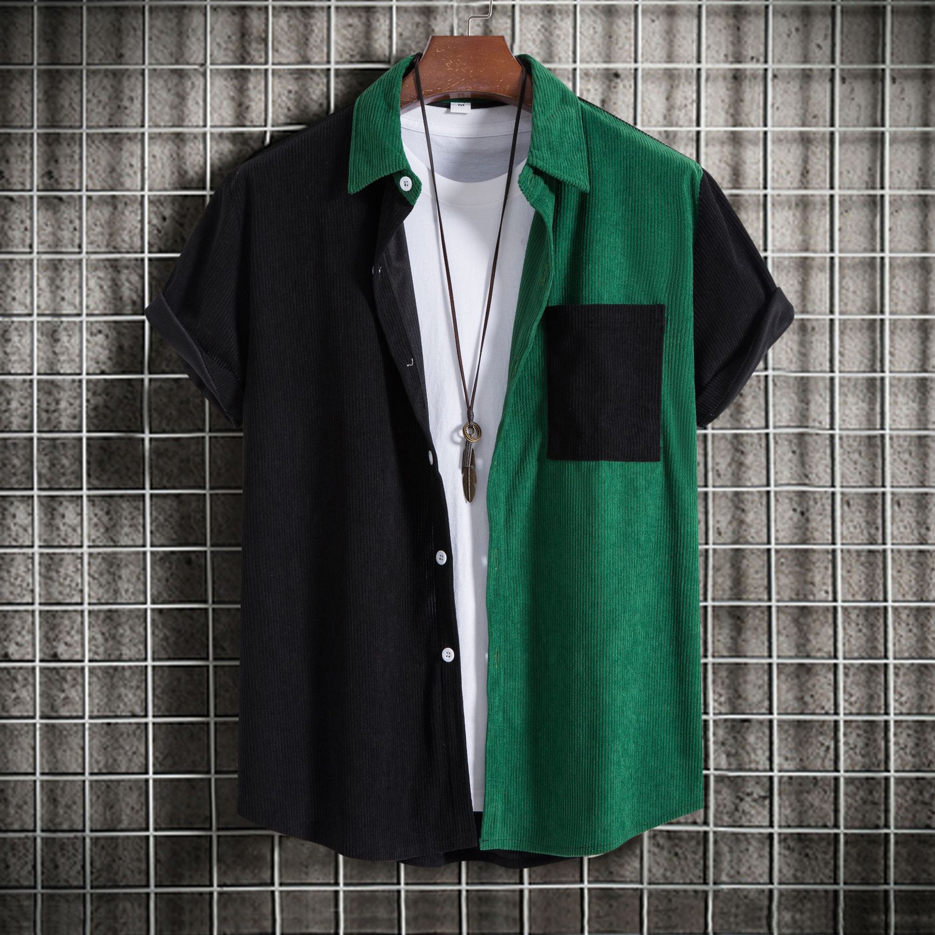 2024 summer European and American European size stitching youth lapel short sleeve shirt men's corduroy lapel striped short sleeve shirt