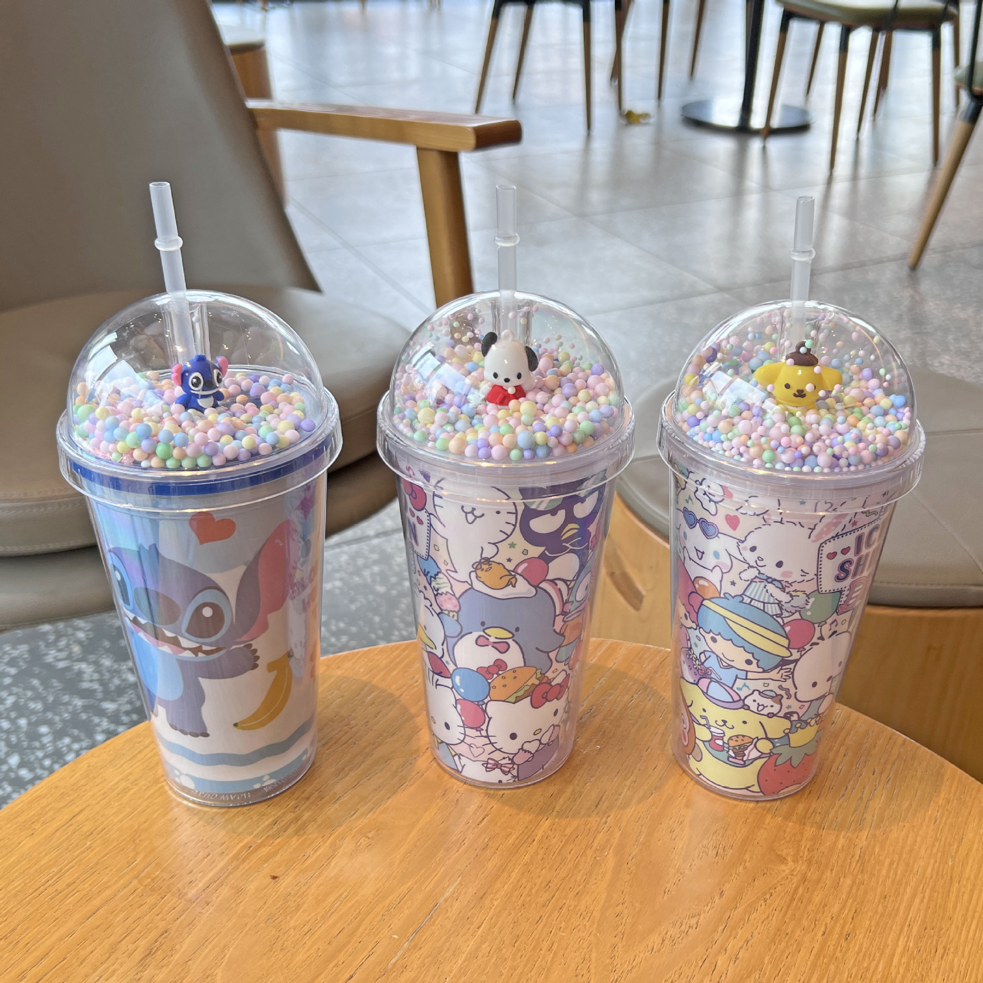 Cross-border new high-looking stitch cartoon plastic water cup straw Cup double-layer Cup sequin ice crushing Cup