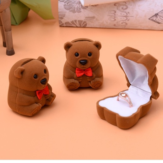 In stock cute plastic cartoon flocking bear ring pendant stud earrings jewelry box