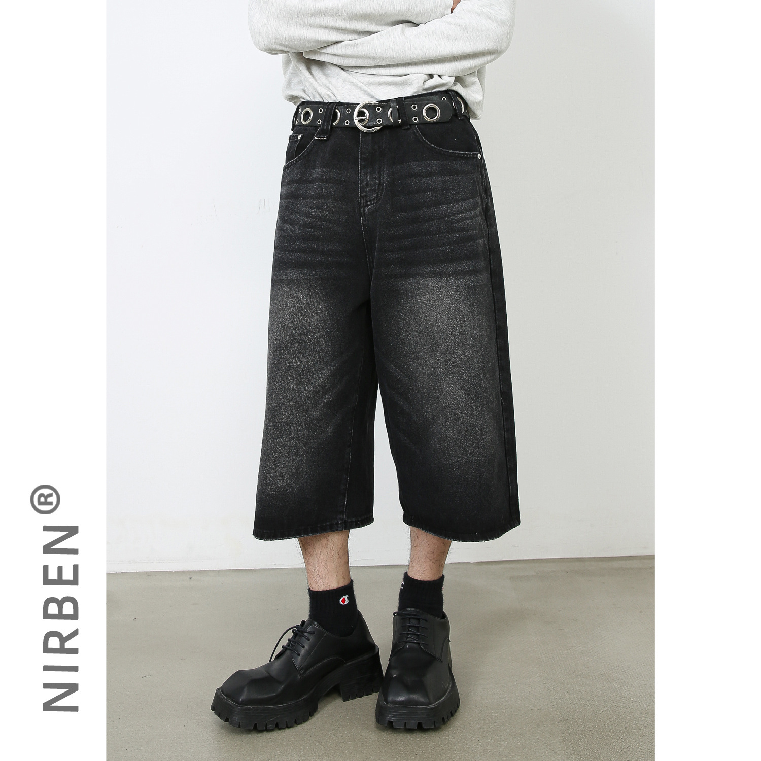 nirben Denim | New American-style black and gray large trousers loose Denim cropped pants Korean-style trendy men's wide-leg pants