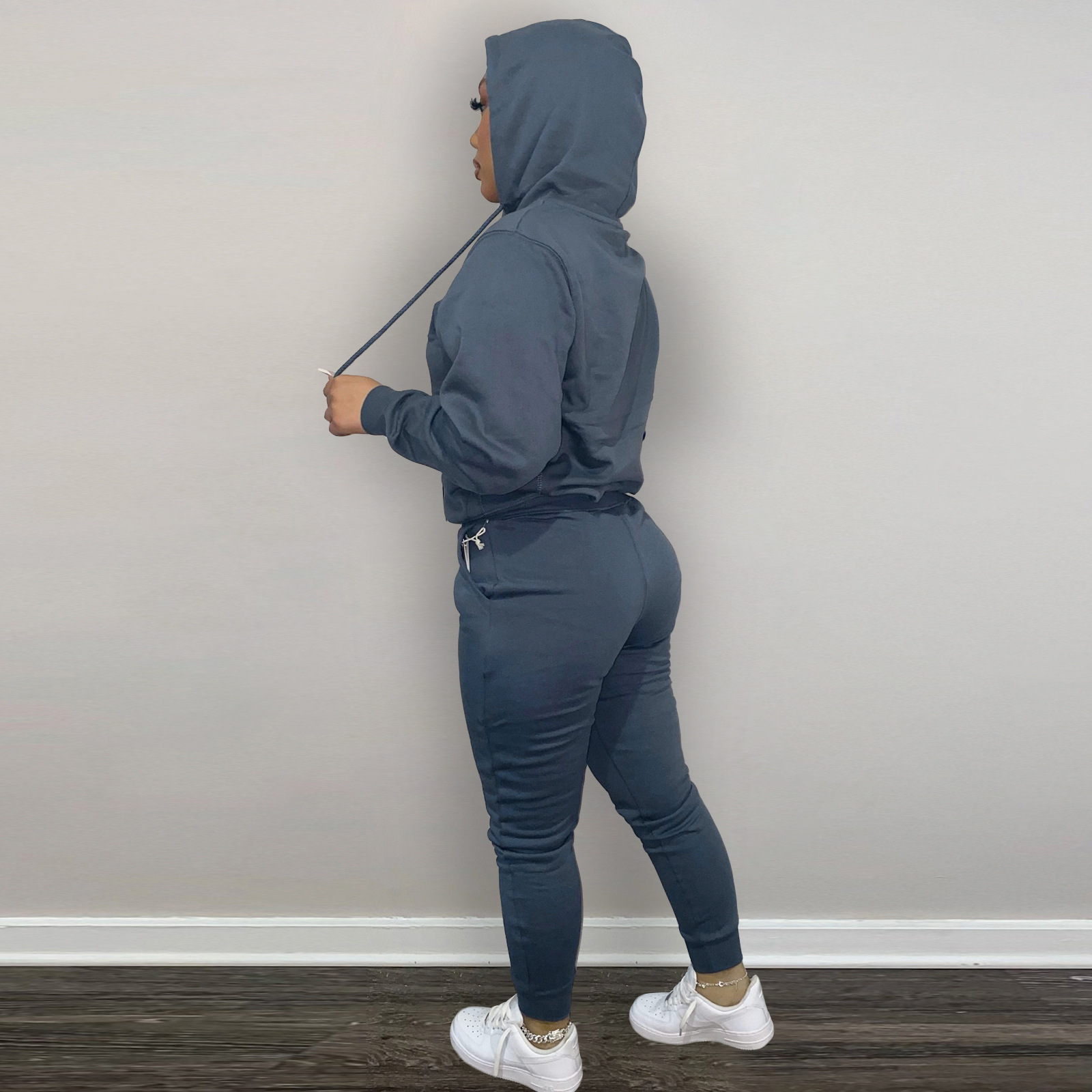 HR8197 European and American women's clothing  independent station supply autumn and winter plus velvet drawstring hooded two-piece set_voghion.com