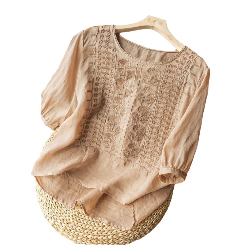 Summer Thin Embroidered Top Women's Artistic Retro Breathable Cotton and Linen Short-sleeved T-shirt Round Collar