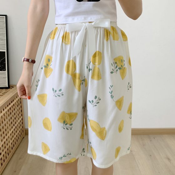 Women's cotton silk pajama pants summer thin plus size loose artificial cotton thick beach pants can be worn outside home pants floral middle pants