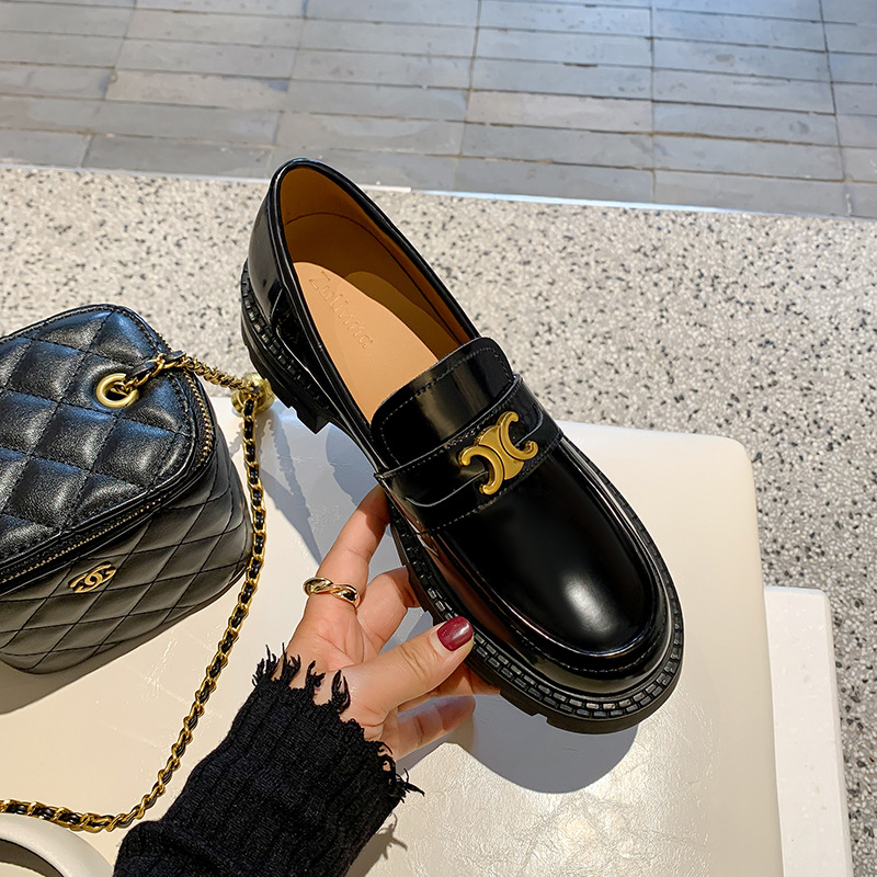 Loafers Thick-soled English Arc de Triomphe Shoes Women's Heightened Black Slip-on Round-toed fleece-lined Leather Shoes