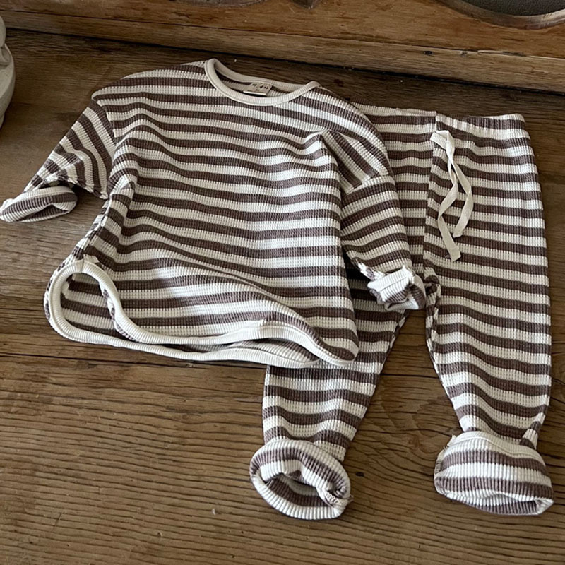 Korean style ins baby casual suit children's baby spring and autumn loose waffle sweater trousers two-piece set