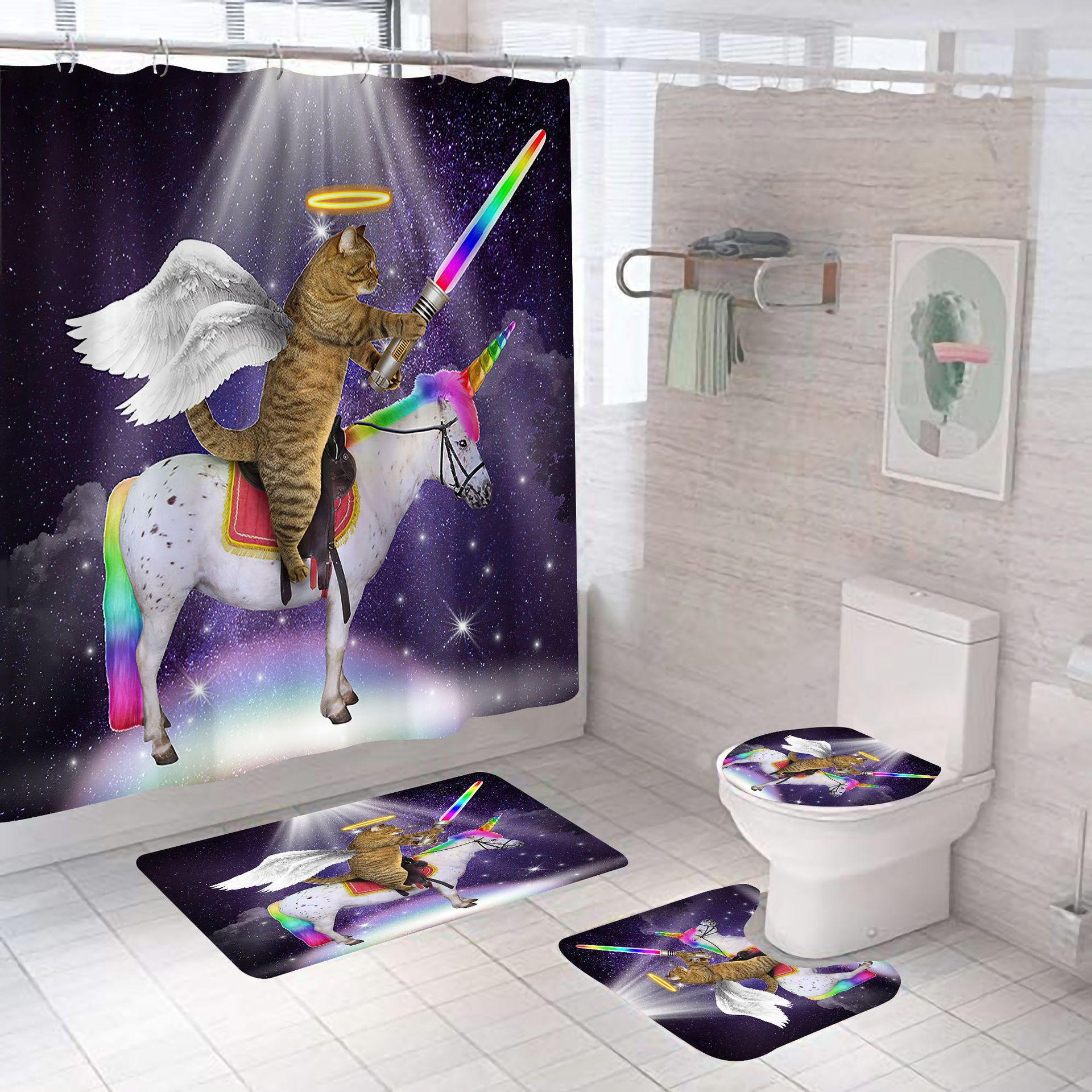 Cross-border new cat world shower curtain suit digital printing polyester shower curtain punch-free shower curtain bathroom curtain