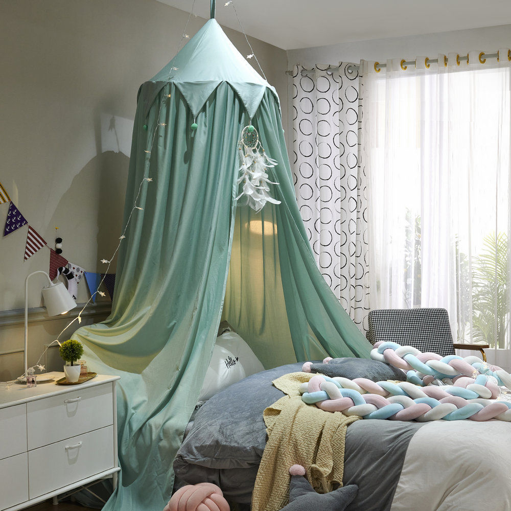 New Triangle Hanging Ball Nordic Style Children's Mosquito Net Shading Bed Mantle Installation-Free Perforated Bed Curtain Tent Game House