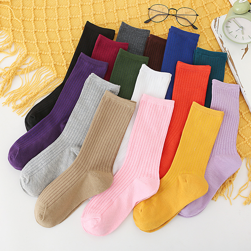 Autumn and winter new pair of socks children all-match solid color drawn pile socks Japanese polyester cotton vertical long tube socks wholesale