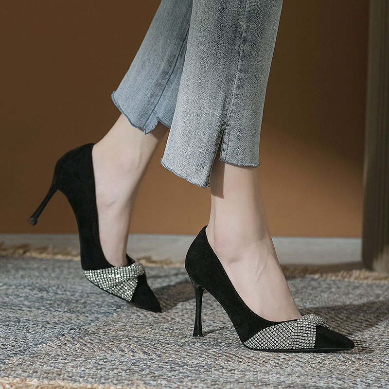 2023 Spring and Autumn New High-heeled Shoes Women's Suede Solid Color Rhinestone Decoration Thin Heel Pointed Elegant High-end All-match Single