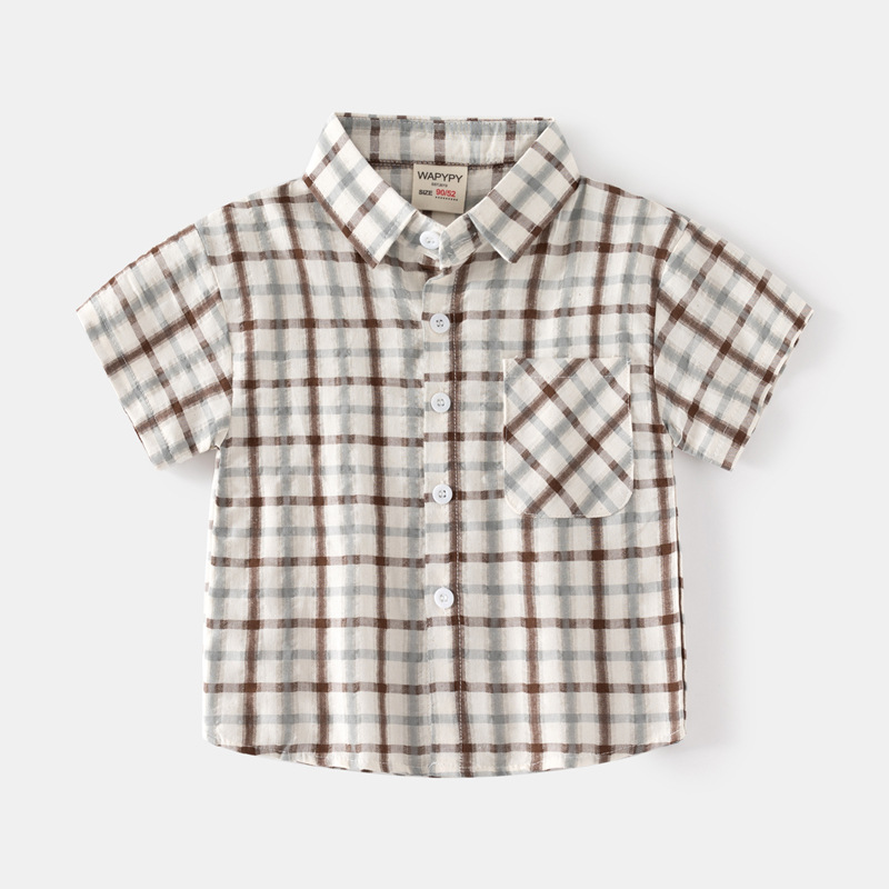 Boys plaid shirt 2023 Summer Children's short sleeve shirt wholesale baby pocket shirt fresh plaid shirt