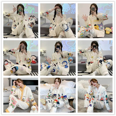 Various winter pajamas women's V-neck cardigan cute cartoon fleece-lined thickened flannel suit homewear women