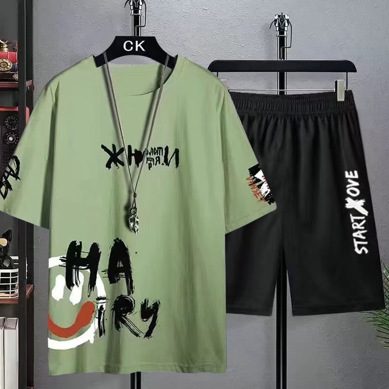 Men's sports casual suit summer ice silk thin fashion brand trendy summer short sleeve shorts suit men's clothing