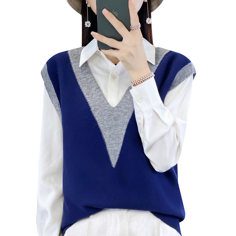 Autumn and winter new women's knitted wool vest pullover vest waistcoat V-neck contrast color loose Korean manufacturers wholesale