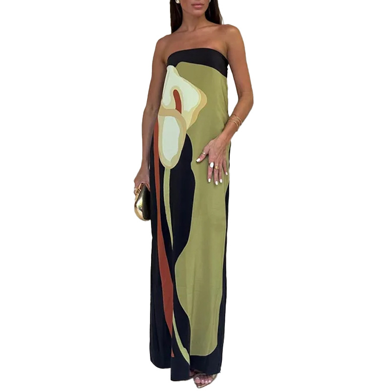 2024 Summer New Women's Fashion Sleeveless Shoulder Avant-garde Sexy Backless Printed Long Dress