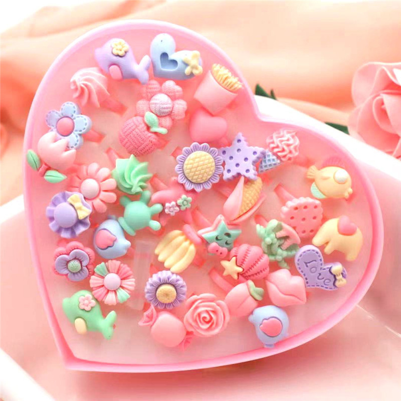 New 36 Children's Resin Cartoon Gem Ring Kindergarten Little Girl Plastic Ring Set Handset