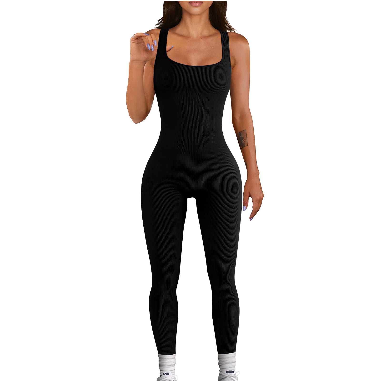 Foreign trade Women's solid color sleeveless vest jumpsuit thread square collar backless hip lift slim sports jumpsuit in stock