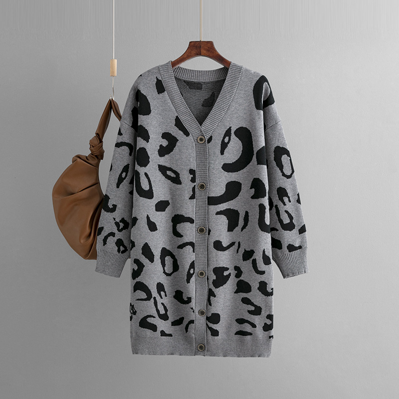2023 autumn and winter European and American Foreign trade new knitwear mid-length leopard print sweater cardigan women's loose coat