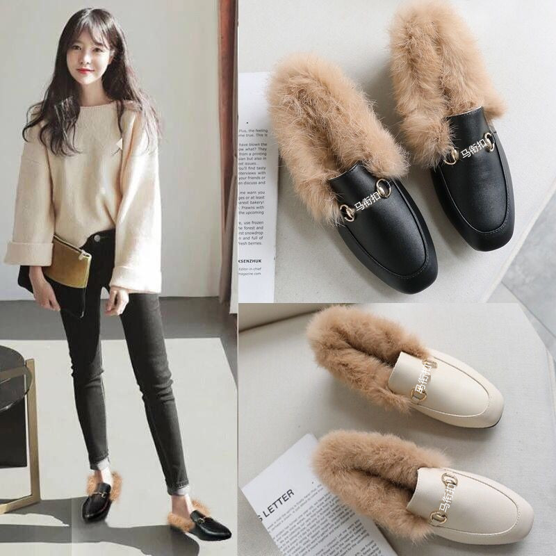 Mao Mao Shoes Women's Winter Wear 2023 New All-match Autumn and Winter Rabbit Fur Women's Shoes Loafers Fleece-lined Pea Shoes
