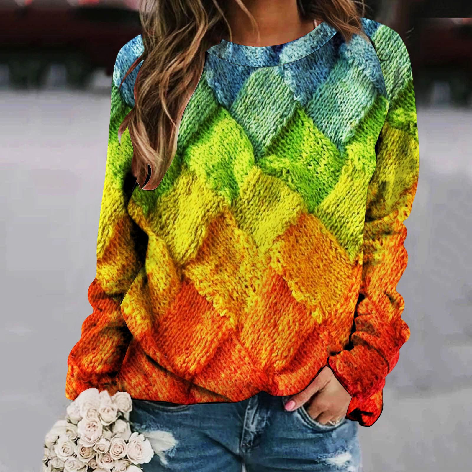 1688 women's 2023 autumn new wish creative sweater printed stitching round neck raglan long sleeve women's sweater