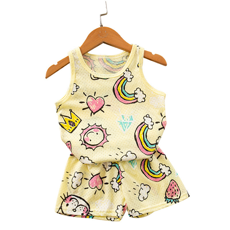 Summer New Children's Mesh Printed Vest Shorts Set Small and Medium-sized Boys and Girls Pure Cotton Breathable Base Home Clothes