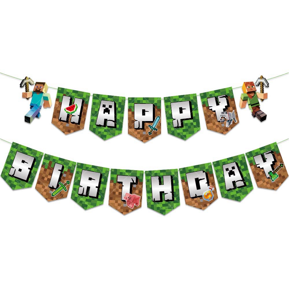 Pixel War My Birthday Theme Party Decoration Set Happy Birthday Flag Cake Dessert Card