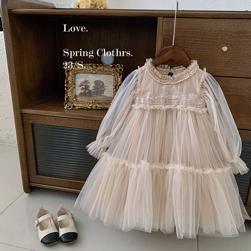 Girl's Dress Spring and Autumn 2023 New Children's Baby Girl's Stylish Lace Patchwork Princess Dress