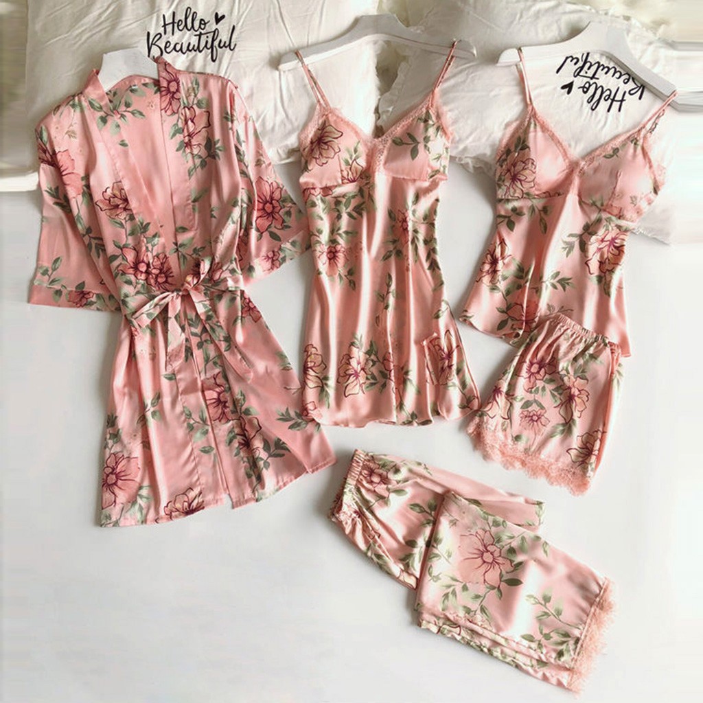 Pajamas manufacturers wholesale printing ladies imitation suspenders sleep loose comfortable lace five-piece home clothing underwear nightgown