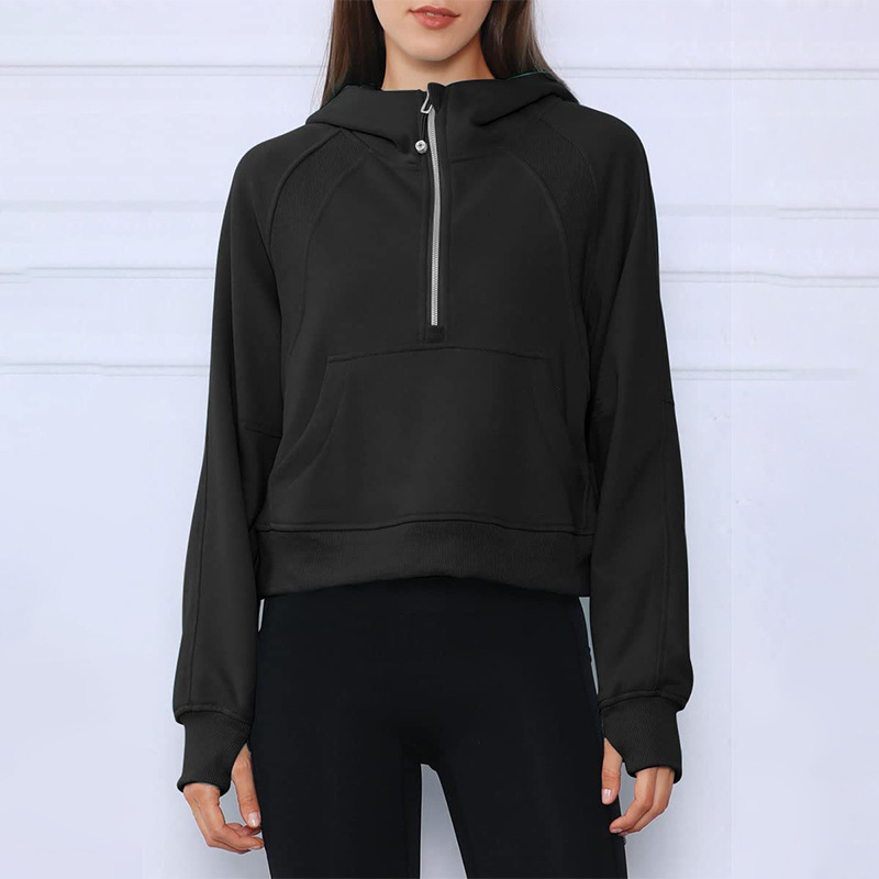 Autumn and Winter New Lulu Women's Sportswear Half-Zip Pullover Hooded Top Loose Short Fleece Sweater Women