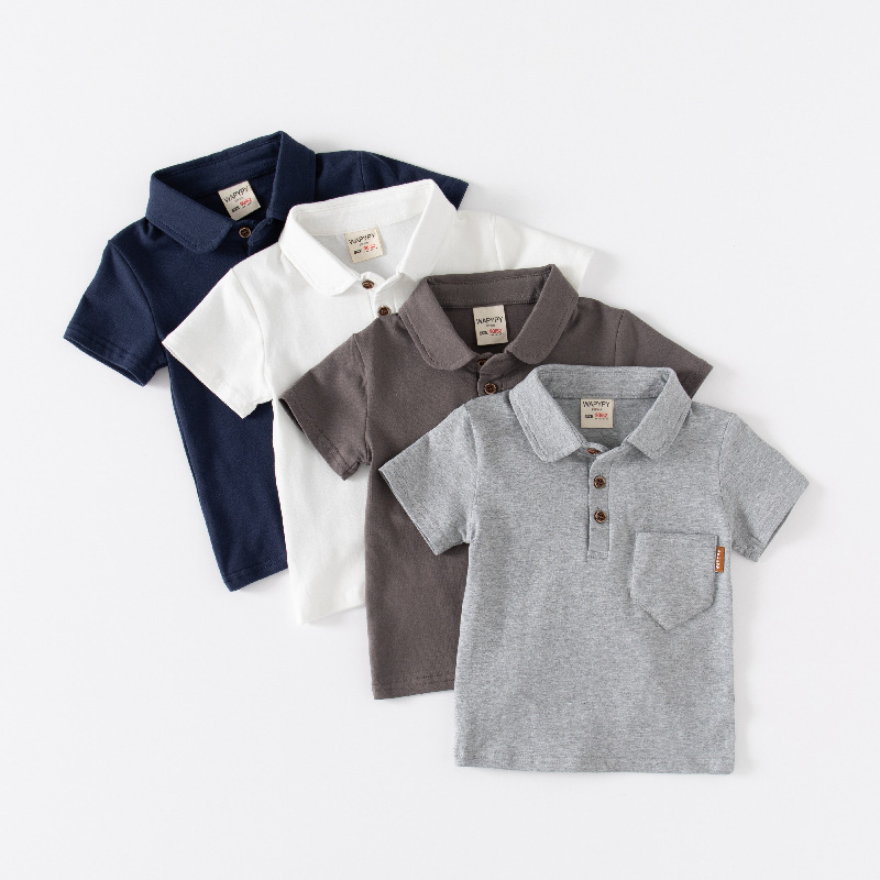 Boys' Short-sleeved T-shirt 2024 New Children's Solid Color Polo Shirt Baby's Summer Top Pocket Label Fashion Lags