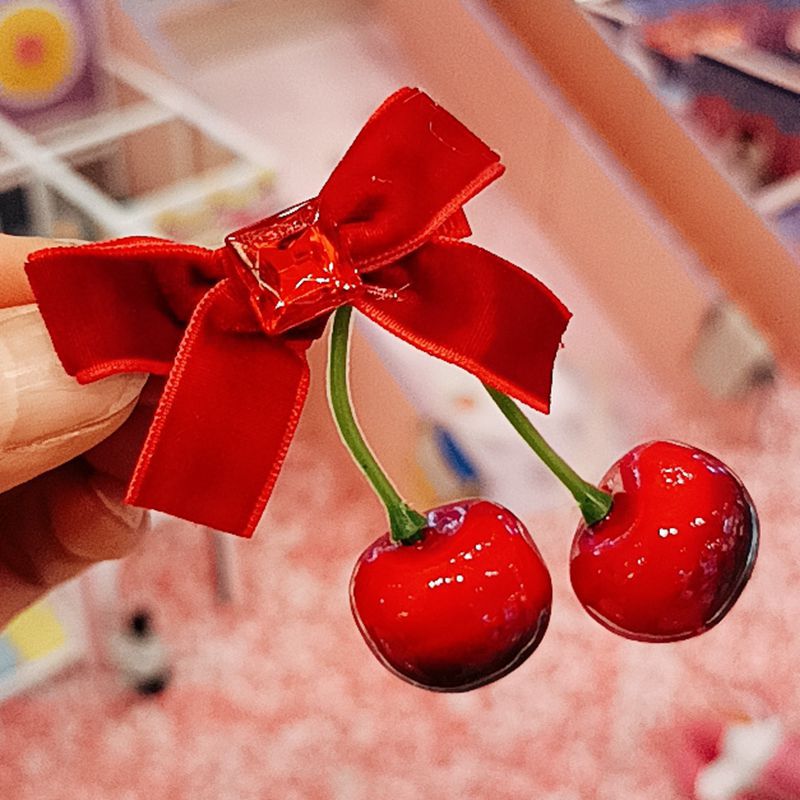 Winter atmosphere red cherry bow velvet hairpin female back half tie hair clip headdress hair accessories