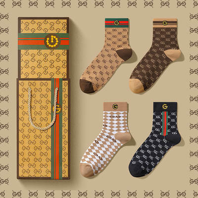 Genuine goods GD gift box trendy brand Cotton men's socks GDAD classic striped versatile deodorant sports breathable mid-calf length socks