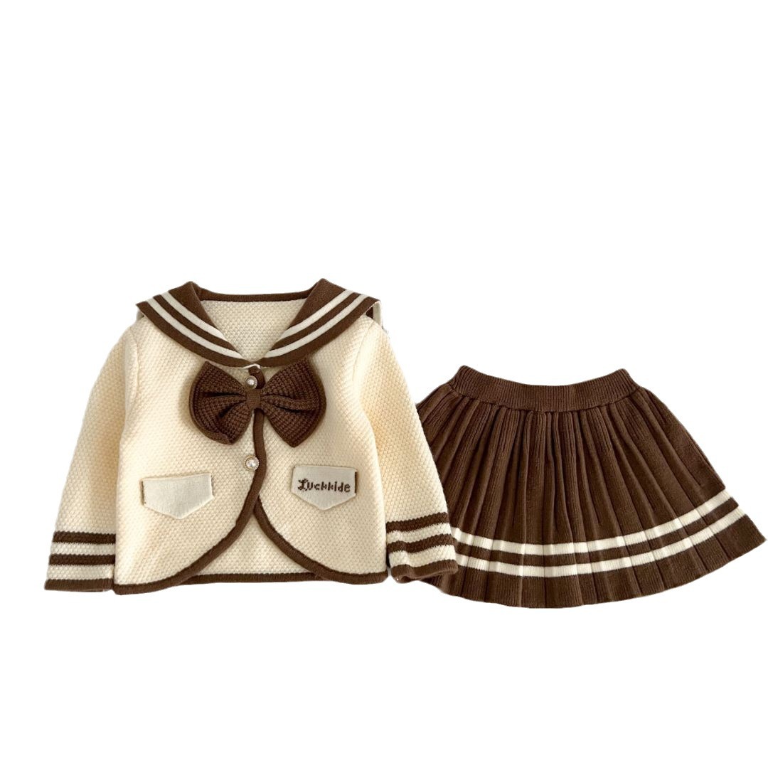 Girls' sweater suit 2023 autumn and winter New preppy style two-piece navy style Korean style knitted bow skirt