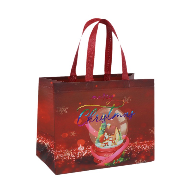 Cross-border in stock Christmas Tote Bag Gift Packaging Bag Portable Folding Bronzing Film Covered Non-woven Bag Customized